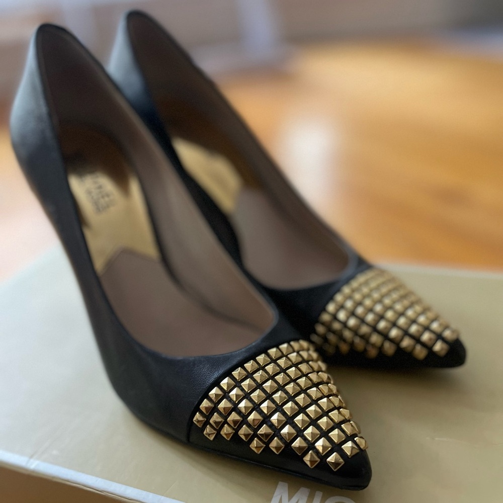 Michael Kors black leather gold stud heels - Size 7
